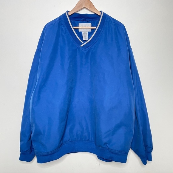 90s Cobalt Blue V-Neck Preppy Oversized Windbreaker Varsity Pull Over Jacket - Picture 2 of 5